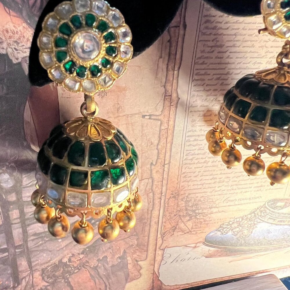 Heavy Emerald Green and White Glass Stone 925 Sterling Silver Jhumka Earrings